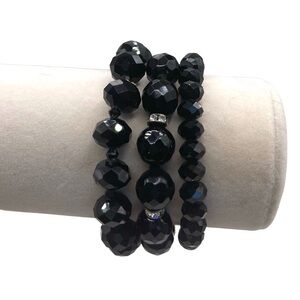 ❤️ Vintage Black Glass x Acrylic x Rhinestone Beaded Bracelet Trio